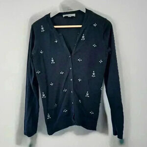 Ann Taylor Loft Cotton Cardigan Sweater Black with Gemstone Accents Medium